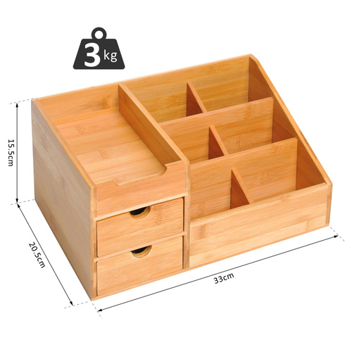 HOMCOM Desk Organiser Holder, Bamboo Multi-Function Storage Caddy with 7 Storage Compartments and 2 Drawers for Home Office Stationary Supplies, Natural Bamboo