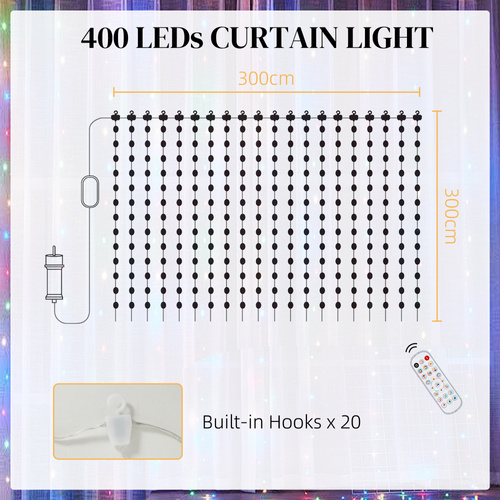 HOMCOM LED Curtain Lights, Smart Curtain Fairy Plug In, Colour Changing Wall Lights with Remote, App, Dynamic DIY Hanging Window String Lights for Bedroom Living Room, 3x3(m), 400 RGBIC LED