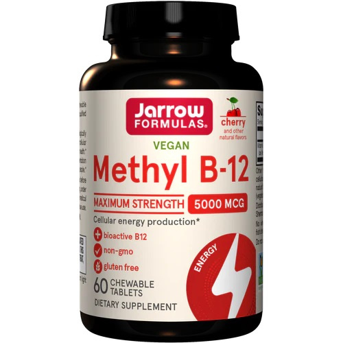 Jarrow Formulas Methyl B-12 5000mcg Cherry Flavor for Energy and Brain Health 60 Vegan Chewable Tabs