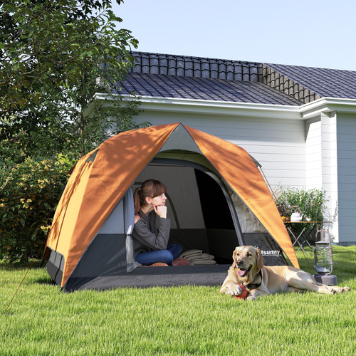 Outsunny 3-4 Person Camping Tent, Easy Set Up Waterproof Dome Tent with Sewn-in Groundsheet, Mesh Windows, Pocket and Hook for Camping, Hiking, Backpacking, Orange and Grey