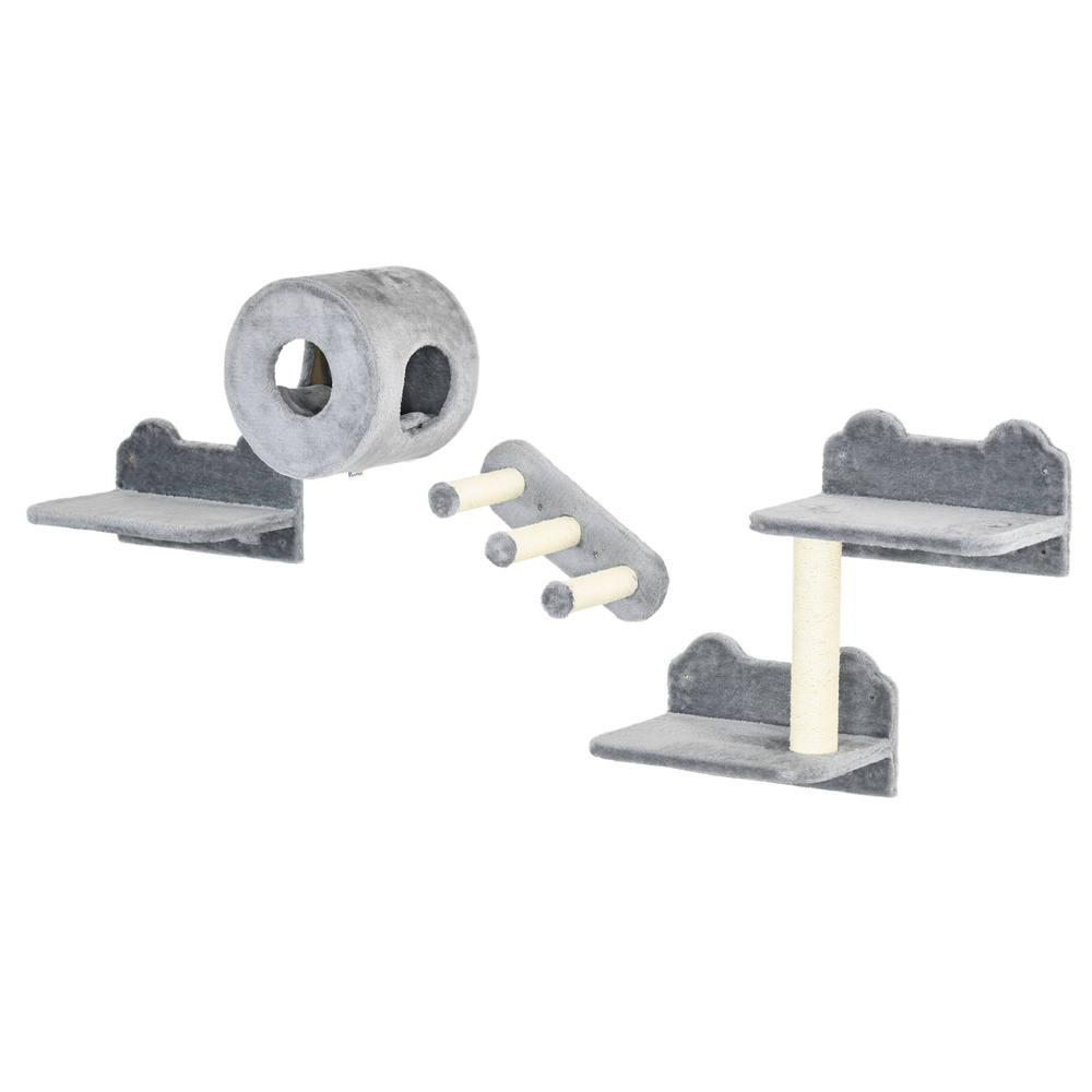 PawHut 4PCs Wall-Mounted Cat Tree, with Steps, Perch, Cat House - Grey