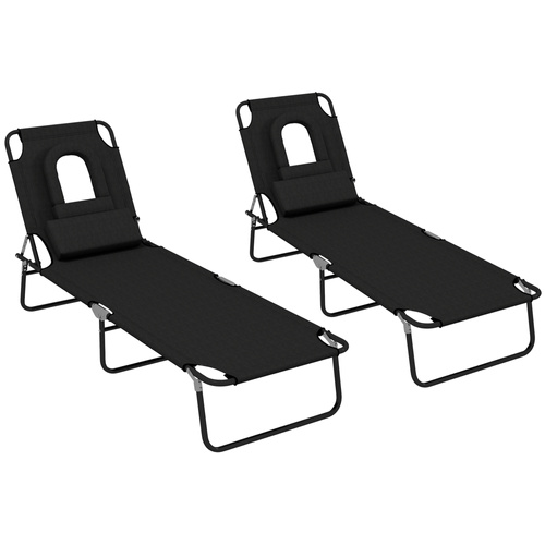 Outsunny Folding Sun Loungers Set of 2 with Face Hole, 4-Position Adjustable Backrest Garden Recliner Chairs Sunbeds, Outdoor Lounge Chairs with 600 D Oxford Cloth Seat, Pillow for Beach, Black