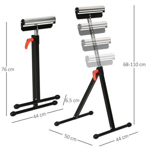 HOMCOM Set of 2 Folding Roller Stand, Material Support Pedestal with Ball Bearing Roller Height Adjustable Portable, Metal Construction, Black