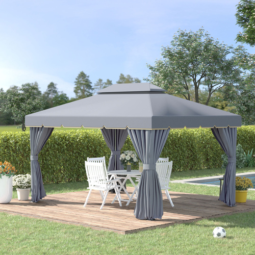 Outsunny 3 x 4m Aluminium Garden Gazebo, Marquee Canopy Shelter Pavilion Party Tent with Nets and Curtains for Garden and Deck, Grey