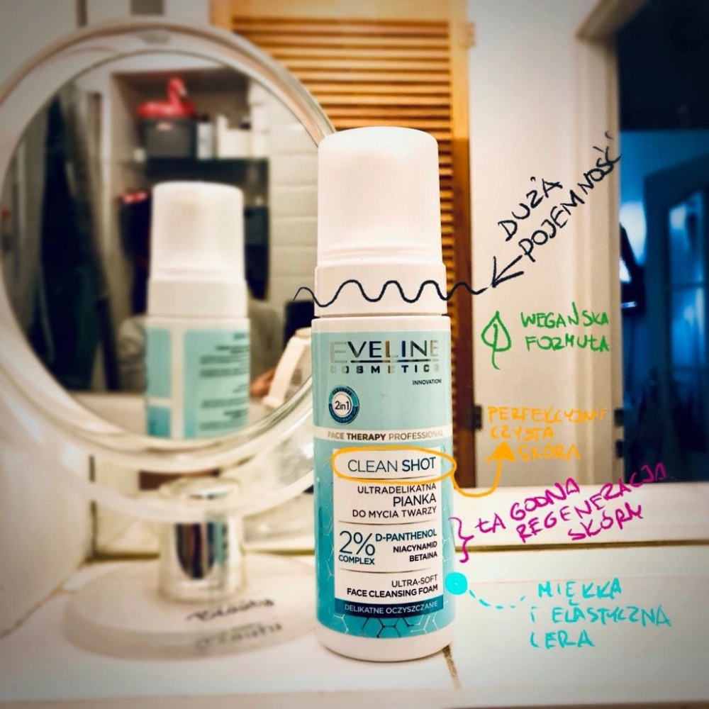 Eveline Face Therapy Professional Clean Shot 2% D-Panthenol Complex Ultra-gentle Facial Cleansing Foam for All Skin Types 150ml