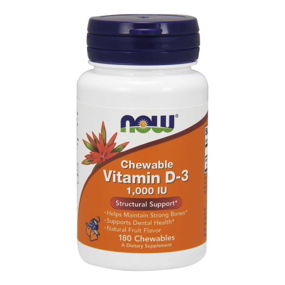 NOW Foods Witamina D-3 1000 j.m. w Tabletkach do Żucia na Mocne Kości i Odporność 180 Tabletek