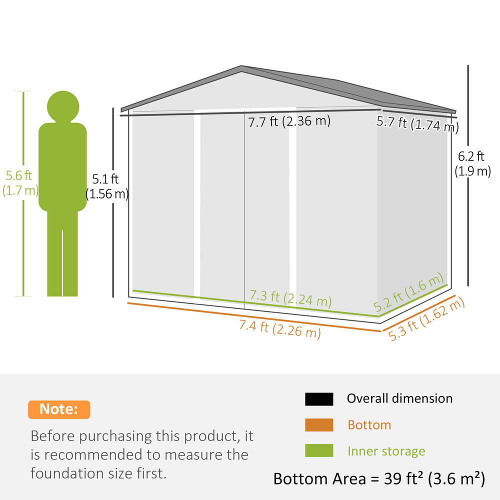 Outsunny 7.7 x 5.7ft Outdoor Garden Storage Shed, Metal Tool House with Ventilation and Sliding Doors, Light Grey