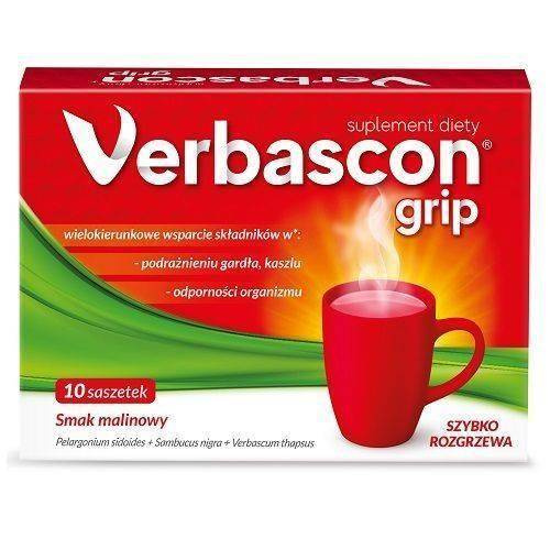 Verbascon Grip for Respiratory and Throat Problems with Raspberry Flavor 10 Sachets Best Before 05.04.26