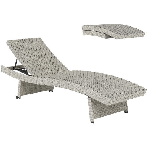 Outsunny Outdoor PE Rattan Sun Lounger, Folding Wicker Garden Lounger Recliner with 4-Level Adjustable Backrest, Rolling Sunbed Lounge Chair with Wheels, Non-Slip Legs for Balcony, Beach, Grey