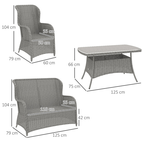 Outsunny Garden PE Rattan Dining Sofa Set, Outdoor 4 Seater Wicker Furniture, High Back Chairs with Cushions, Tempered Glass Coffee Table for Patio, Light Grey