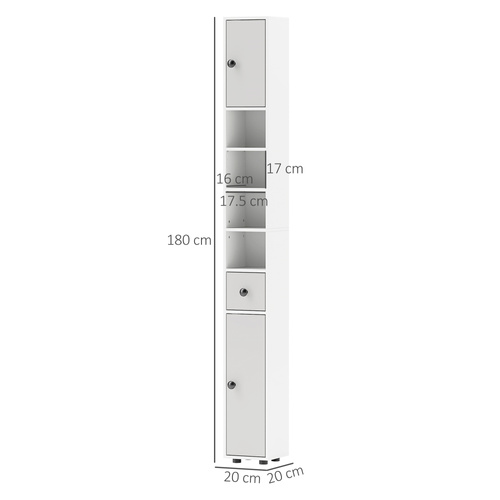 kleankin 180cm Slim Bathroom Cabinet, with Drawer, Shelves and Cupboards - Light Grey
