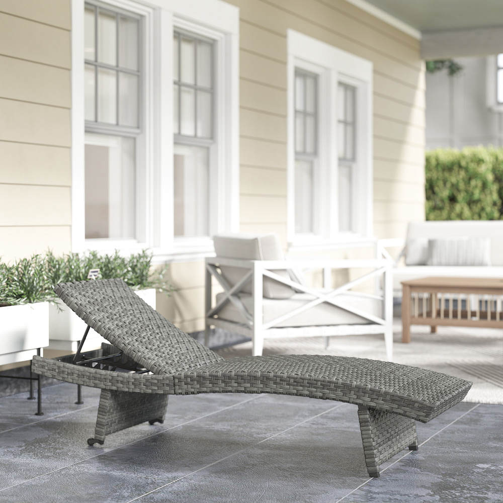 Outsunny Outdoor PE Rattan Sun Lounger, Folding Wicker Garden Lounger Recliner with 4-Level Adjustable Backrest, Rolling Sunbed Lounge Chair with Wheels, Non-Slip Legs for Balcony, Beach, Mixed-grey