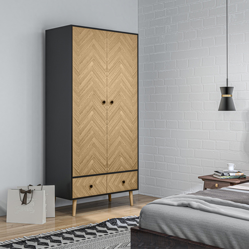 HOMCOM Essential Wardrobe Cabinet with Shelf, Hanging Rails and 2 Drawers, 50kg Weight Capacity, Nature Wood