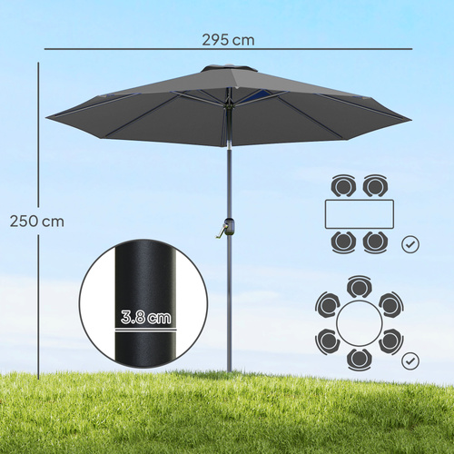 Outsunny 3(m) Tilting Parasol Garden Umbrellas, Outdoor Sun Shade with 8 Ribs, Tilt and Crank Handle for Balcony, Bench, Garden, Dark Grey