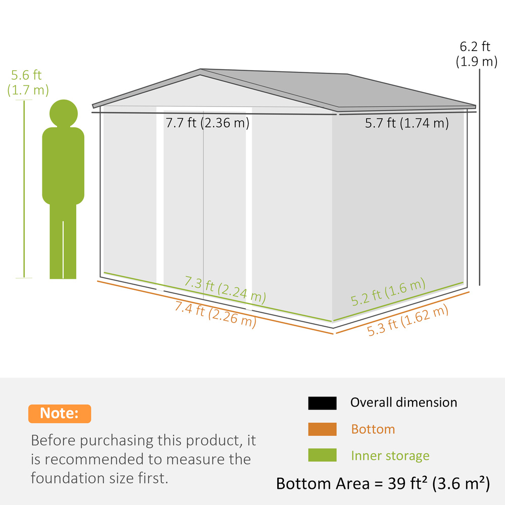 Outsunny 7.7 x 5.7ft Metal Garden Shed, Galvanised Outdoor Tool Storage House with Ventilation Slots and Sliding Doors, Grey