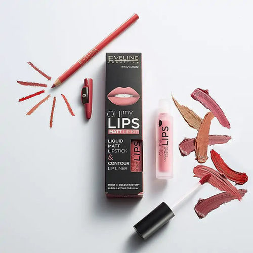 Eveline Oh My Lips Matt Liquid Lipstick and Pencil No. 15 Deep Coral 1 Piece