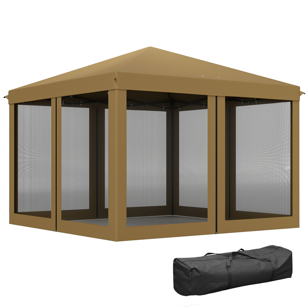 Outsunny 3 x 3 m Pop Up Gazebo, 420D Garden Tent Canopy with Removable Mesh Sidewall Netting, Carry Bag for Garden Patio Outdoor, Khaki