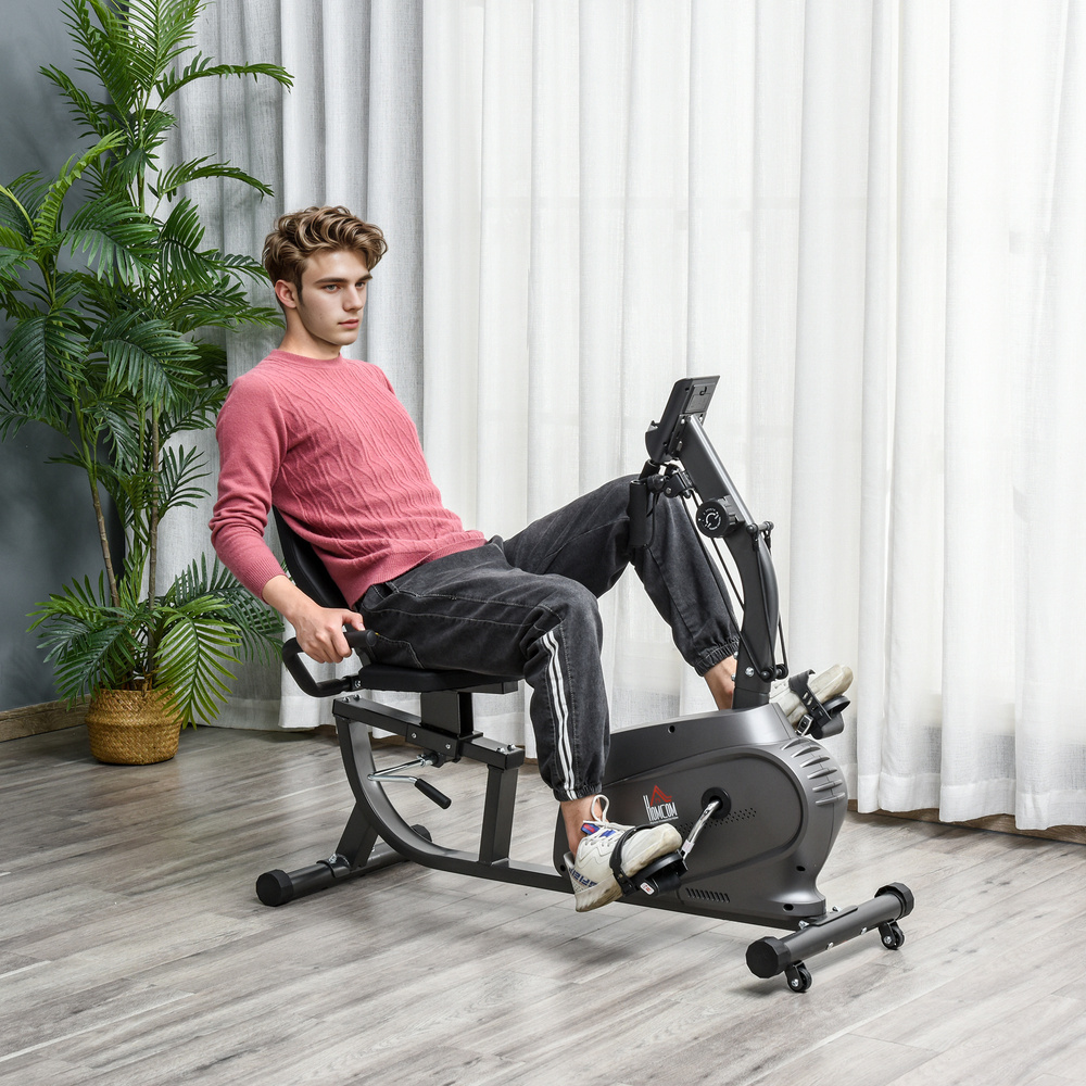 HOMCOM Recumbent Seated Exercise Bike, Recovery Rehab Exercise Bike Home Exerciser, 8-Level Magnetic Resistance Stationary Bike with Pad Holder, LCD Monitor, Wheels for Indoor Cardio Workout, Black