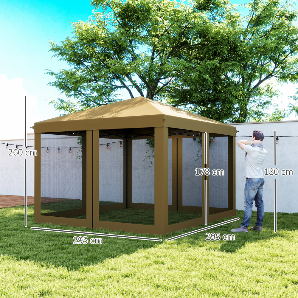 Outsunny 3 x 3 m Pop Up Gazebo, 420D Garden Tent Canopy with Removable Mesh Sidewall Netting, Carry Bag for Garden Patio Outdoor, Khaki