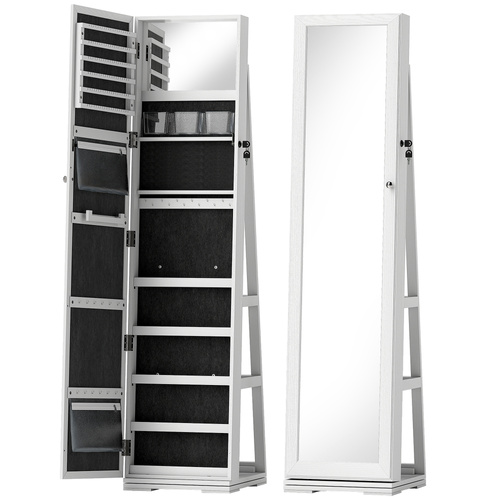 HOMCOM 360° Swivel Jewellery Cabinet, Free Standing Full Length Mirror with Storage, Lockable Jewellery Organiser with Built-in Makeup Mirror and Storage Shelves for Bedroom, White