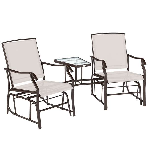 Outsunny Gliding Jack and Jill Seat, with Glass-Top Table - Brown/Beige