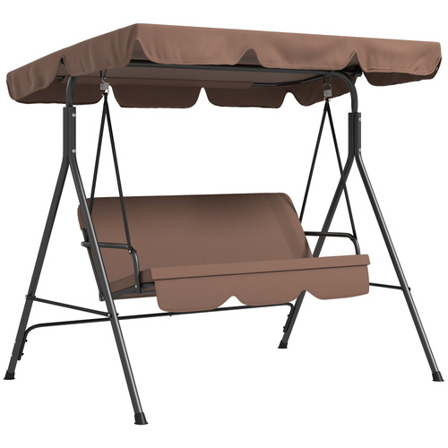 Outsunny 3 Seater Garden Swing Chair, Outdoor Swing Chair with Adjustable Canopy, Mental Frame & Cushions, Brown