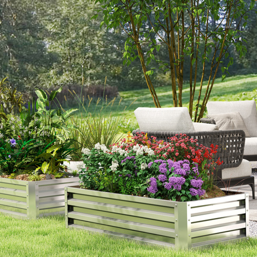 Outsunny Raised Beds for Garden, Galvanized Outdoor Planters, for Herbs and Vegetables, Use for Patio, Backyard, Balcony, Silver
