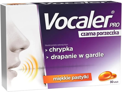 Vocaler Pro Czarna Porzeczka Pastylki Miękkie do Ssania na Chrypkę i Drapanie w Gardle 30 Sztuk Best Before 31.10.26