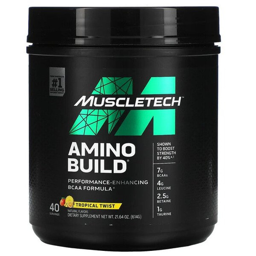 MuscleTech Amino Build BCAA Amino Acid Powder for Muscle Recovery and Strength Tropical Twist 614g