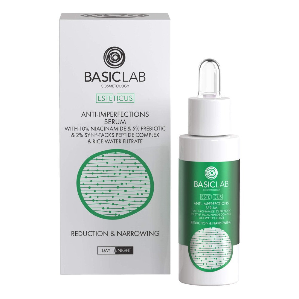 BasicLab Cosmetology Serum Zmniejszające Niedoskonałości z Niacynamidem 10% Redukcja i Zwężenie dla Skóry Problematycznej na Dzień i na Noc 30ml