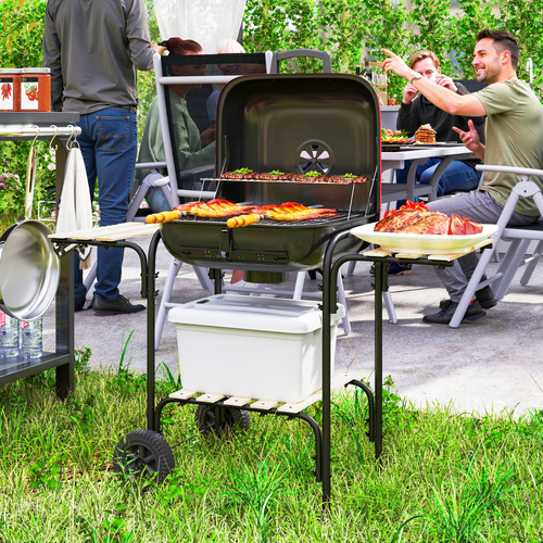 Outsunny Charcoal Barbecue Grill Portable BBQ Grill with 1840 cm² Cooking Area, 3 Shelves, Adjustable Vent, Lockable Lid, Wheels for Outdoor Cooking, Garden Party, Red