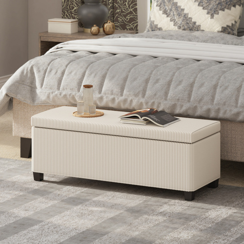 HOMCOM Storage Ottoman Bench, Corduroy Footstool with Removable Lid and Legs, 112cm Storage Chest Box for Living Room, Bedroom, Hallway, Beige