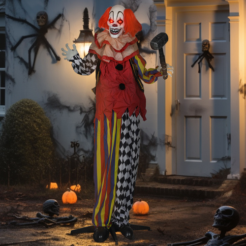 Outsunny 173 cm Life Size Halloween Animated Standing Clown & Hammer with Red Light Up Eyes, Sound Activated Moving Arms & Head, Scary Clown Halloween Decorations, Battery Operated, Indoor Party Props