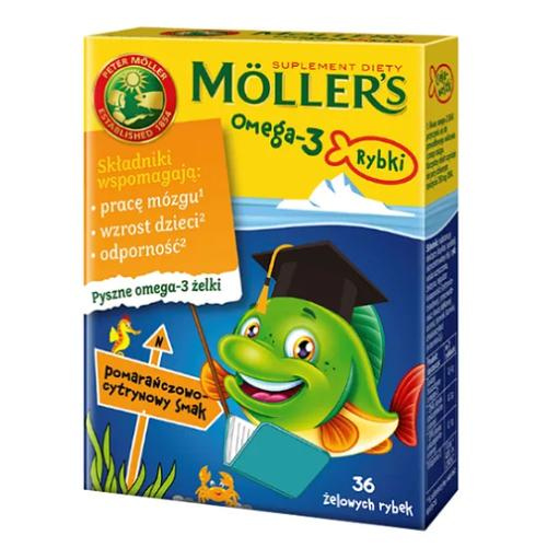 Mollers Omega - 3 Rybki Żelki Smak Pomarańczowo - Cytrynowy dla Dzieci powyżej 3 Lat i Dorosłych 36 Sztuk