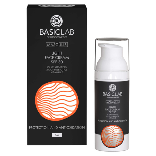 BasicLab Masculis Lekki Krem do Twarzy SPF30 3% Witaminy C 2% Prebiotyków Witamina E Prewencja i Antyoksydacja dla Mężczyzn 50ml