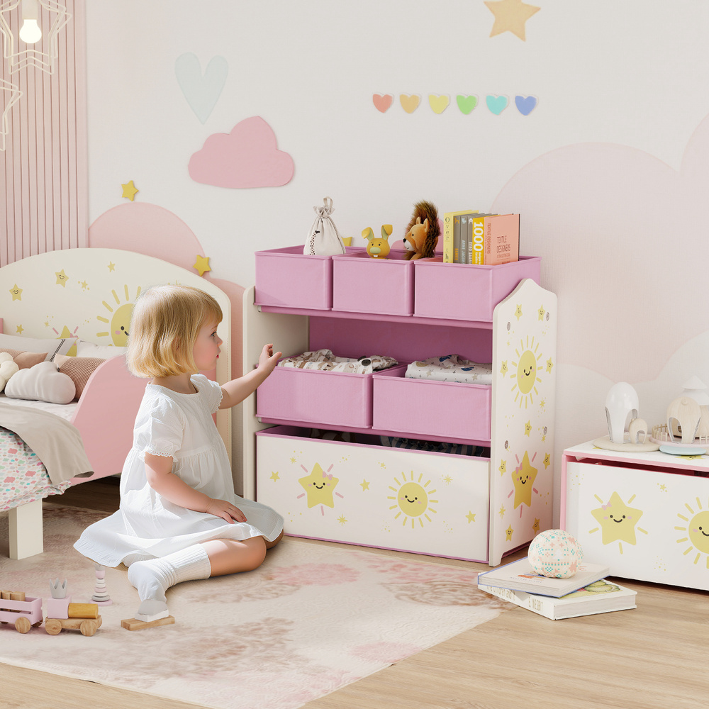 AIYAPLAY Kids Toy Storage Units, 3-Tier Toy Organiser Shelf with 6 Removable Boxes for Kids, Bedroom, Playroom, Pink