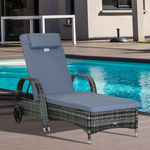 Outsunny Garden Rattan Furniture Single Sun Lounger Recliner Bed Reclining Chair Patio Outdoor Wicker Weave Adjustable Headrest with Fire Retardant Cushion - Grey