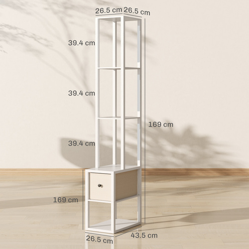 HOMCOM Floor Lamp with Shelves, LED Column Modern Standing Lamp with Fabric Drawer, Adjustable Brightness, Foot Switch for Living Room, Bedroom, Office, White