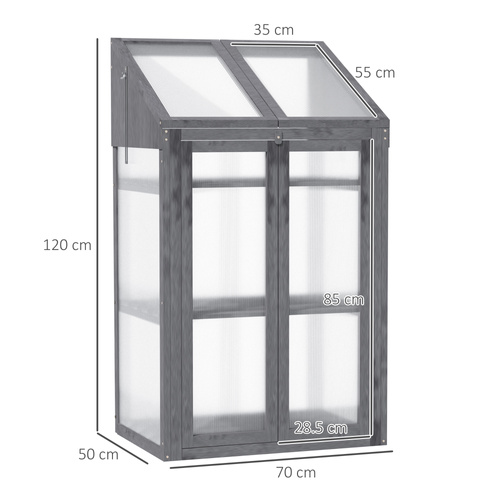 Outsunny Wooden Cold Frame Polycarbonate Greenhouse with Openable Top Cover and Double Door, Grow House for Flower, Vegetable and Plants, 70 x 50 x 120cm, Grey