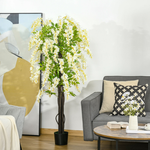 HOMCOM Artificial Realistic White Wisteria Tree Faux Decorative Plant in Nursery Pot for Indoor Décor, 160cm