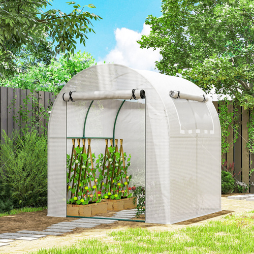 Outsunny Walk in Polytunnel Greenhouse, Green House for Garden with Roll-up Window and Door, 1.8 x 1.8 x 2 m, White