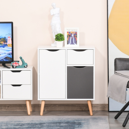 HOMCOM Sideboard Floor Cabinet Storage Cupboard with Drawer and Solid Wood Legs for Bedroom, Living Room, Entryway, Grey
