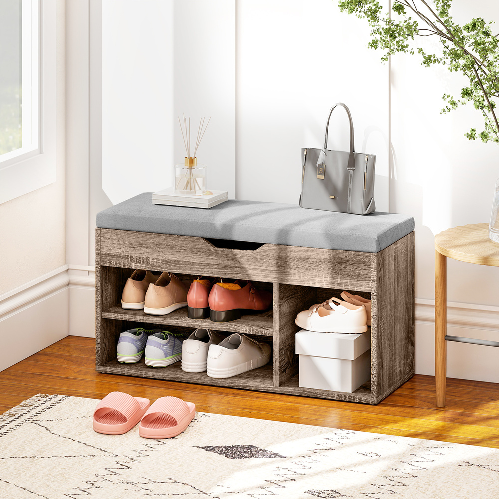 HOMCOM Shoes Cabinet Bench Hidden Storage Padded Seat Organiser Footwear Rack Hallway Grey Wood Grain