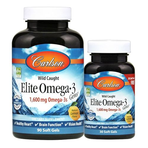 Carlson Labs Elite Omega-3 Gems Fish Oil Softgels, 1600mg Natural Lemon 90 + 30 softgels