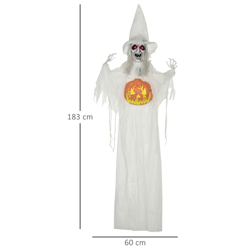HOMCOM 6ft Outdoor Halloween Decoration Witch with Pumpkin, Hanging Skeleton Witch Prop Life Size with Sound and Motion Activated, Light Up Eyes, Laughing Sound, Posable Arms, White