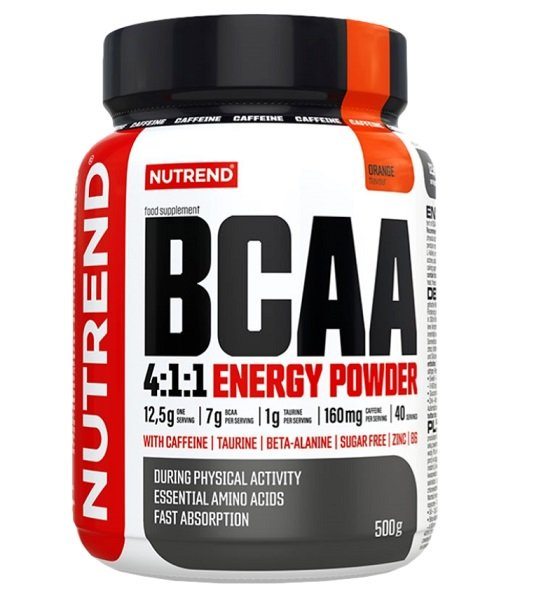 Nutrend BCAA 4:1:1 Energy Powder Pomarańczowe Aminokwasy w Proszku Na Energię i Regenerację 500g