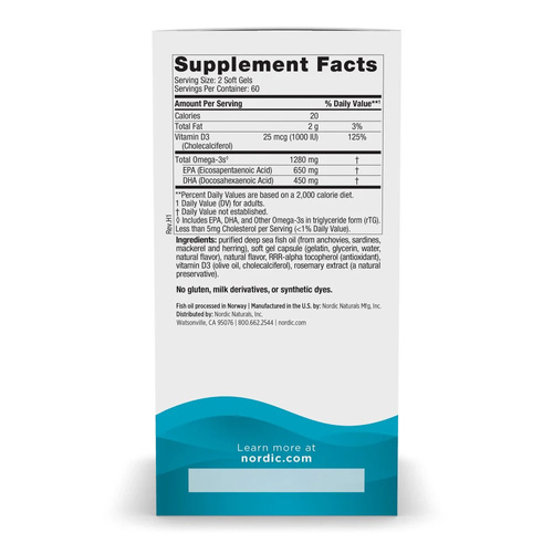 Nordic Naturals Ultimate Omega-D3 Fish Oil 1280mg Wspiera Organizm Układ Odpornościowy Serce i Mózg Smak Cytrynowy 60 Kapsułek