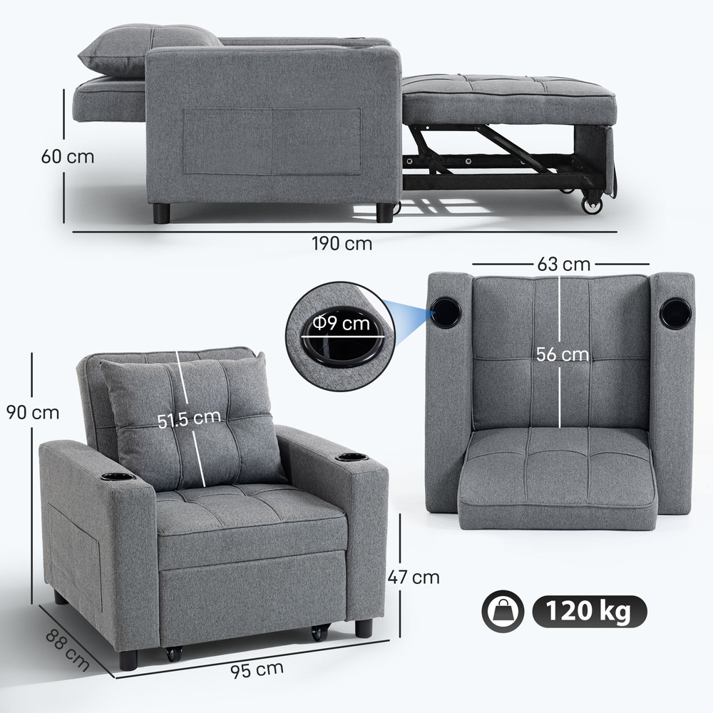 HOMCOM 3-in-1 Single Sofa Bed, Convertible Sleeper Chair Bed - Dark Grey