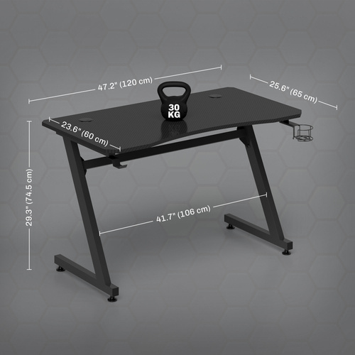 HOMCOM Gaming Desk 120 x 65 cm Steel Frame with Cup Holder, Headphone Hook, Adjustable Feet and Cable Organiser, Home Office Computer Table, Black