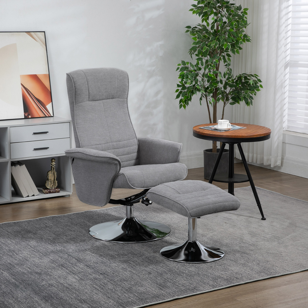 HOMCOM Swivel Recliner Chair with Footstool, Velvet Recliner Armchair with Ottoman, Steel Base, Upholstered Reclining Chair for Living Room, Bedroom, Office, Grey